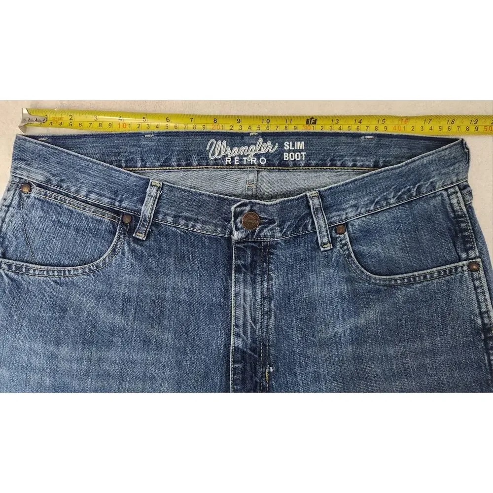 Wrangler Retro Slim Boot Jeans Mens 36x38 Blue Denim Western Cowboy Straight Leg